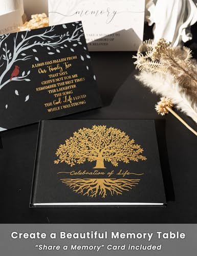Image of Funeral Guest Book for Celebration of Life, in Loving Memory Sign in Book | 320 Entries, Table Sign Card Included, Gold Stamping, Twill-Textured Paper Cover, Memorial Keepsake, 9x7.5 inch, Tree