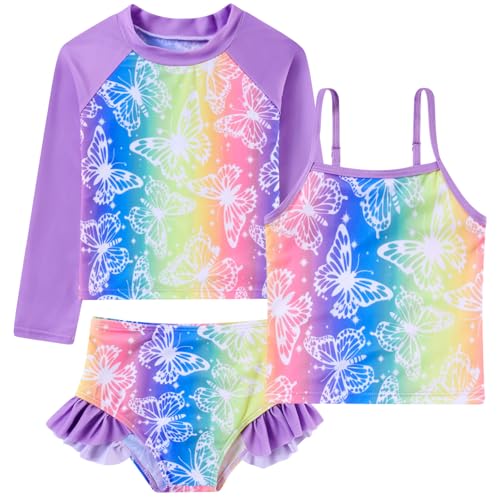 Image of Funnycokid Girls Swimsuit 3 Pieces Long Sleeve Rash Guard Set Tankini Bathing Suits Summer Kids Swimwear 3-10 Years