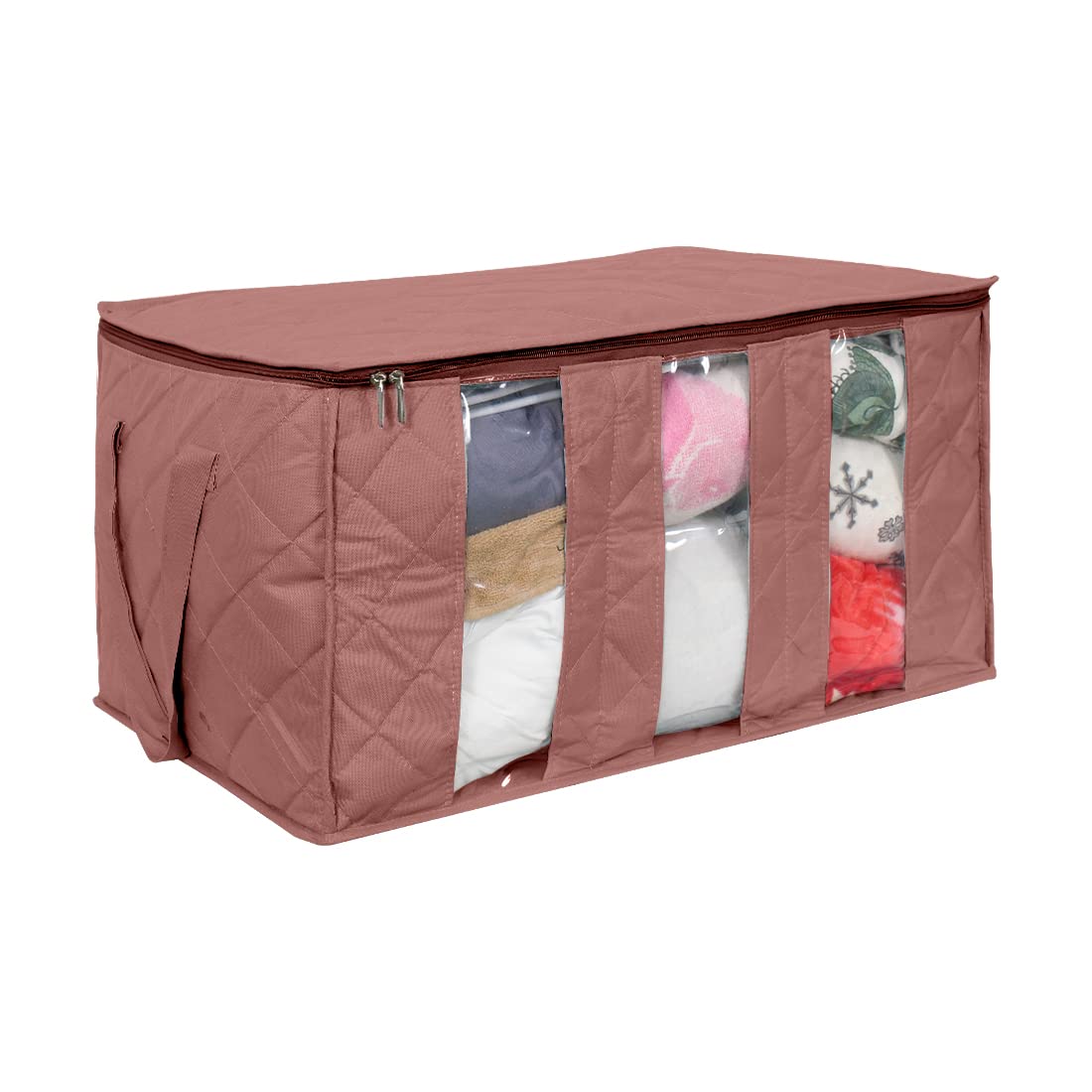 Pretty Krafts Pack of 1 Non Woven Moisture Proof Underbed Cloth Storage Organizer with Zipper Lock & Handles | Wardrobe Organizer for Cloth Saree Quilt Blanket Toy Storage Bag (60x37x32cm, Brown)-image-1