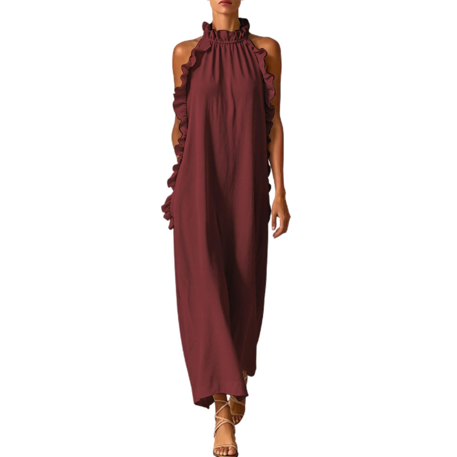 Générique Robe d'été Fluide sans Manches avec col volanté et Poches latérales, Coupe Amincissante pour Femme, idéale pour Les journées Chaudes et Les Sorties décontractées