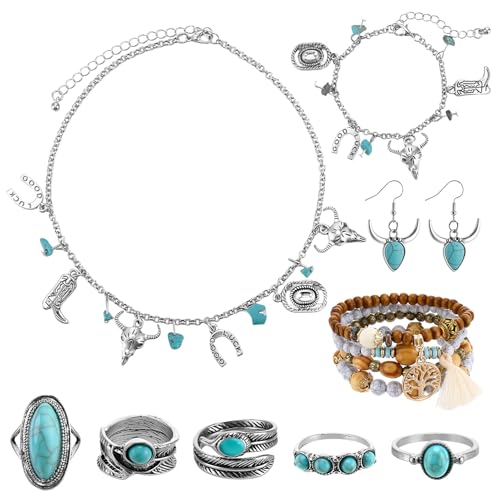 ViEinkaufen 13 piezas de accesorios de vaquera para mujer, joyería bohemia turquesa, joyería occidental para mujer con aretes de turquesa, collar, pulsera y anillos para disfraz hippy, carnaval