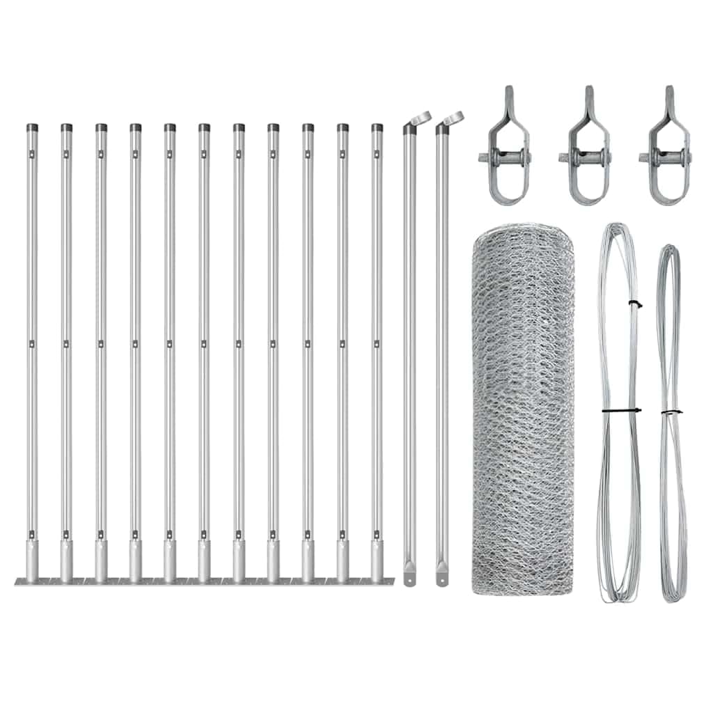Fence Post Silver 25 x 0.6 m 25 mm Mesh Steel Garden Fencing Post Set for Outdoor Security, Corrosion Resistant Weather Proof Rectangle Posts 11 Pack with Concrete Posts