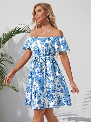 Image of Off Shoulder Ruffle Dress for Women, A-Line Mini Dress with Belt, Fitted Bust Summer Wedding Guest Dress