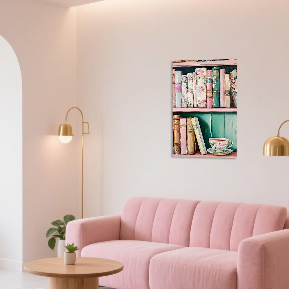 ZQQART Floral Books Canvas Wall Art Pink Bookshelf Picture Wall Decor Bookstore Themed Painting Study Reading Nook Decor Framed(Pink,12L x 18W)