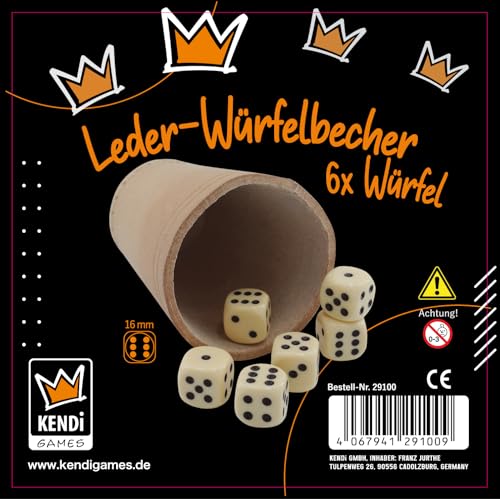 KENDi GAMES Qualitäts Würfelbecher - echt Leder - Höhe 9 cm - Durchmesser 7cm - Set mit 6 elfenbeinfarbigen Würfeln und Kurzanleitung - Play: TOOSMASTER