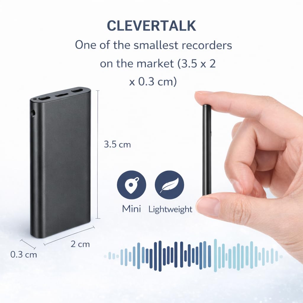 CleverTalk Q1 Grabadora de Voz con IA | Activada por Voz | App Móvil, Mac, Windows y Web | Cloud Europea GDPR | 64GB | Audio HD 1536kbps | USB-C (64, GB)