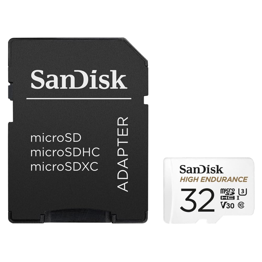 SanDisk HIGH ENDURANCE Video Monitoring for Dashcams & Home Monitoring 32 GB microSDHC Memory Card + SD Adaptor, Up to 100 MB/s read and 40 MB/s Write, Class 10, U3, V30, White