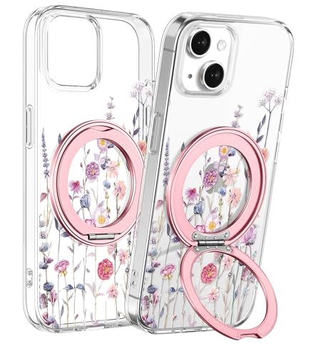 Loheckle for iPhone 14/13 Case with Stand- Compatible with MagSafe Women Girls Cute Clear Girly Aesthetic Unique Design Soft TPU Magnetic Ring Phone Cover for Apple 14/13 Purple Flower