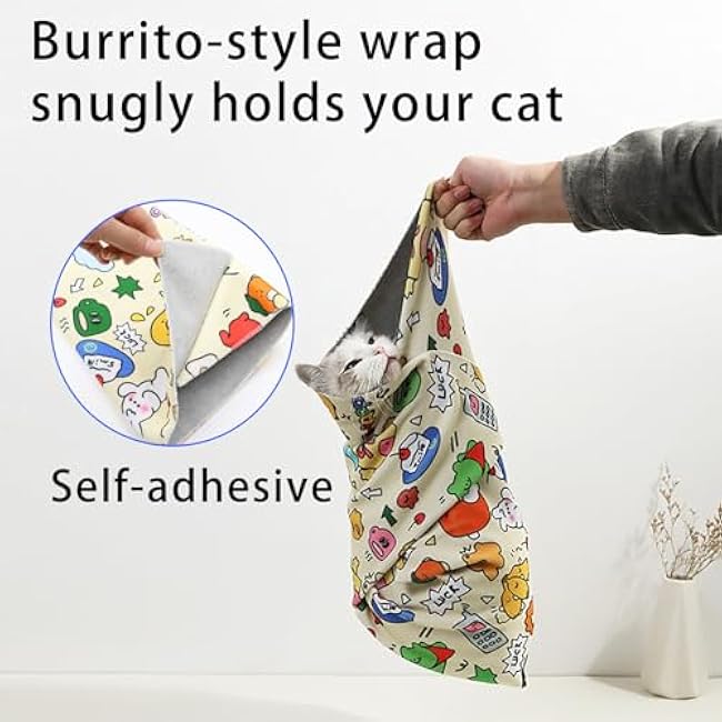 Cat Wrap for Cutting Nails, Self-Adhesive Cat Grooming Wrap, Cat Swaddle cBurrito Wrap, Cat Restraint for Nail Clipping, Cat Grooming Supplies-6WaHCvhd