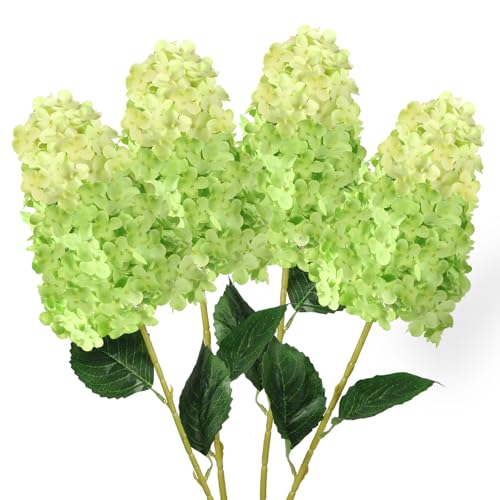 GrainBuds 4 flores artificiales de hortensias verdes, tallo largo de 33.5 pulgadas de largo, flores de hortensias falsas cónicas de seda, para decoración de arreglos florales de jarrón alto, granja