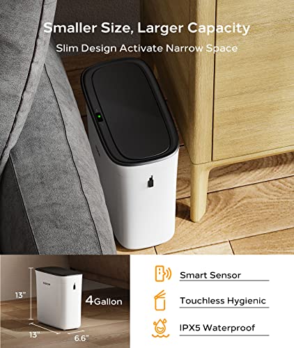 Fesiom Automatic Bathroom Trash Can With Lid 4 Gallon [Smaller Size, Larger Capacity] Slim Smart Trash Can Touchless Motion Sensor 16L Electric Plastic Narrow Trash Can For Bathroom Bedroom Kitchen #TOP1