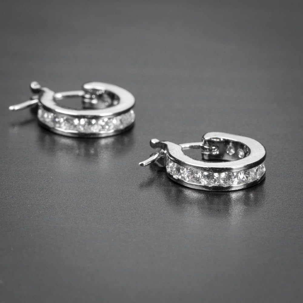 White Gold 925 Sterling Silver Post Iced 5A Cz Small Thin Hoop Earrings For Men Women One Row Chanel Set Skinny Hypoallergenic Unisex Cartilage Huggie Hoops Jewelry Gifts For Dad Fathers - Image 5