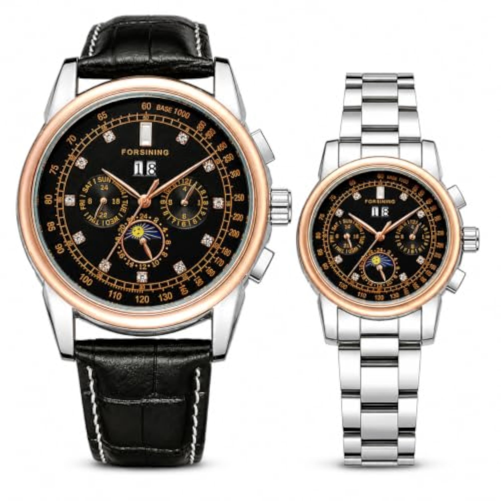 Automatic Couple Watch Set with Moon Phase & Multi-Function Dial