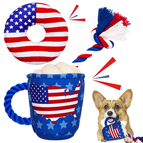 Lepawit 4th of July Patriotic Dog Toys 2Pack Squeaky Dog Toys with Cotton Rope for Teeth Cleaning Interactive Dog Toys for Medium Large Dogs (American Flag Coffee Cup & Donut Design)