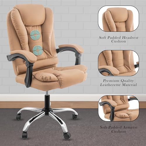Image of Casa Copenhagen Italia Premium Leatherette Office Chair for Work | Boss Chair, Ergonomic Executive, Luxurious Cushioned Arms & Seat, 2 Point Back Massager, Heavy Duty Metal Base (Beige)
