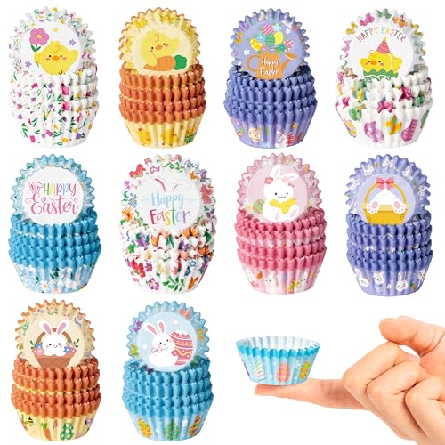COcnny Easter Mini Cupcake Liners - 800pcs Happy Easter Baking Cups Muffin Paper Cupcakes Wrappers, Bunny Chick Egg Chocolate Cake Candy Wrap Making Supplies for Spring Birthday Party (10 Styles)