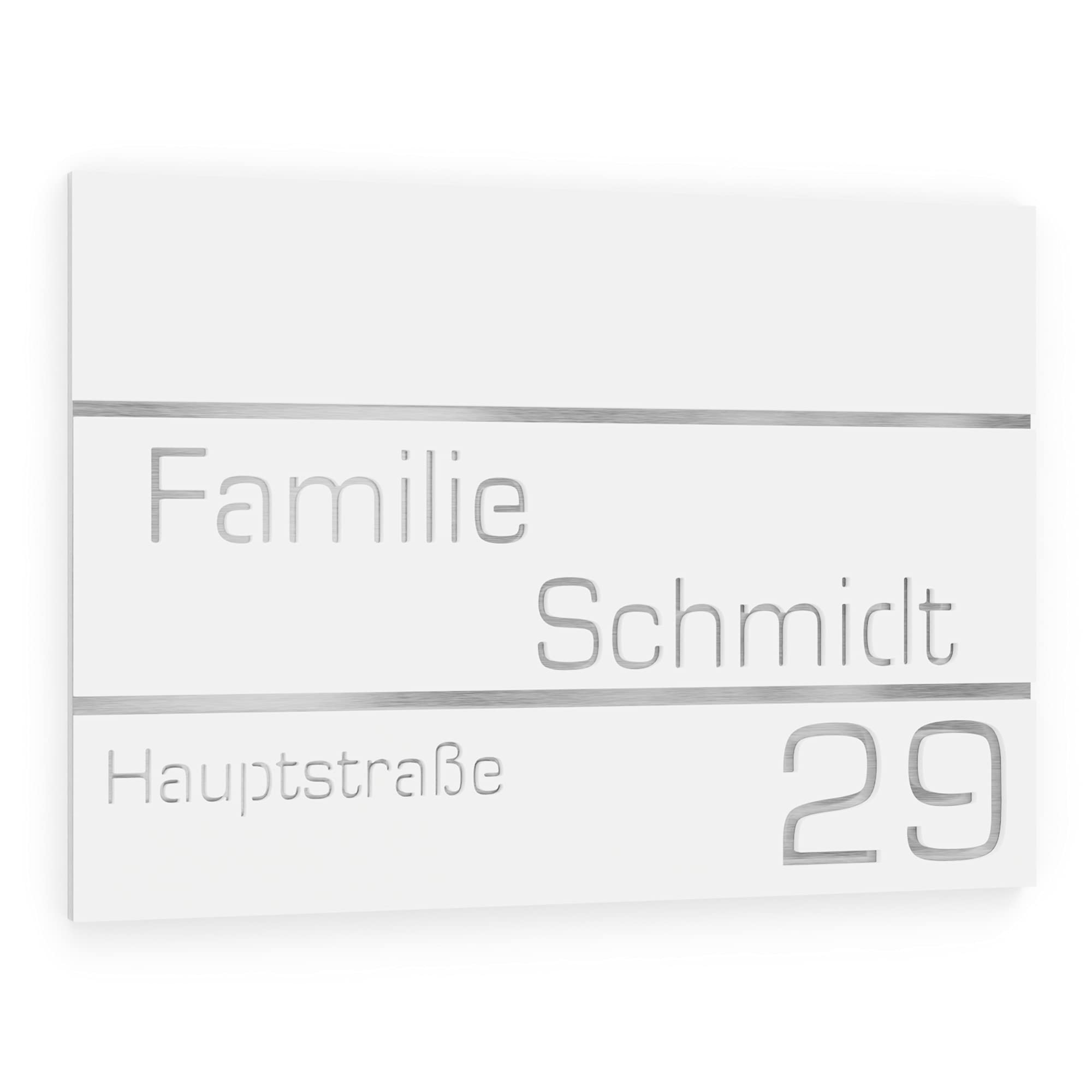 Hausnummer aus V2A Edelstahl 215x150mm - Weiß - Rostfrei UV-beständig Individuell anpassbar Straße Nummer Familie Name - Made in Germany