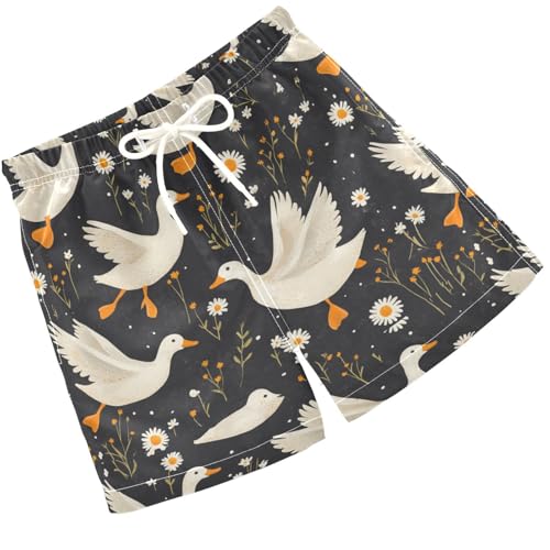Pigsaly Boys' Swim Board Shorts Camomile Flowers White Geese Ducks Boy's Swim Trunks Kids Swimwear XS