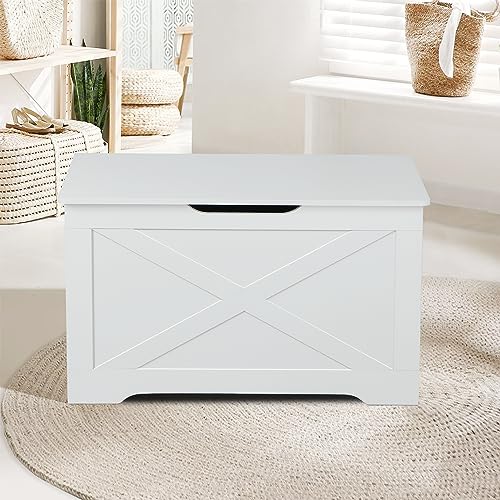 Timberer Storage Chest, Wooden Storage Bench, Entryway Shoes Bench with 2 Safety Hinges, Retro Storage Trunk for Living Room, Bedroom, 15.7 x 31.5 x 18.9 Inches, White - Thumbnail 7