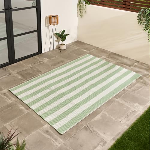 OHS Garden Rug Stripe Reversible Outdoor Rug Foldable Weather Waterproof Outdoor Carpet Non Slip Easy Clean UV Decking Lawn Patio Balcony Large Rugs Sage/Cream - 160 x 230cm