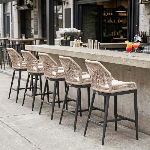 Image of PURPLE LEAF Counter Height Bar Stools Set of 4 Rattan Wicker Outdoor Metal Boho Barstools with Back and Footrest Patio Garden Balcony Pool Bar Chairs