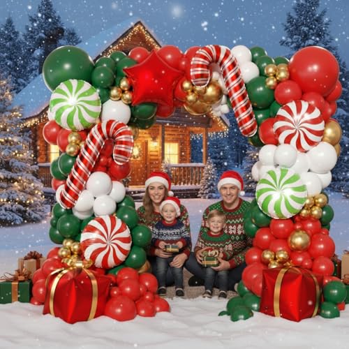 Image of 165Pcs Christmas Balloon Arch Garland Kit with Xmas Red White Green Gold Latex Balloons Gift Box Candy Cane Star Foil Balloons Arch Kit for Christmas New Year Party Birthday Party Decorations