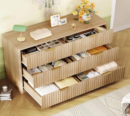 Image of TEENFON Fluted 6 Drawer Dresser for Bedroom, Wide Modern Chest of Drawers with Metal Handle, Curved Profile Design, Wood Closet Clothes Storage Organizer for Bedroom, Hallway, Natural