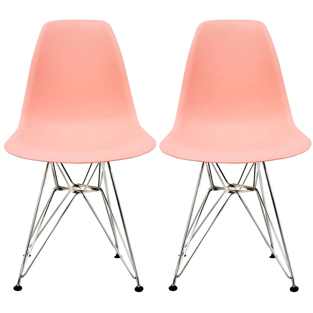 2xhome Set of 2 Coral Pink Desk Chair Mid Century Modern Plastic Molded Shell Assembled Chairs Chrome Wire Metal Eiffel Side Armless No Arms DSW for Work Office Dining Living Kitchen Bedroom