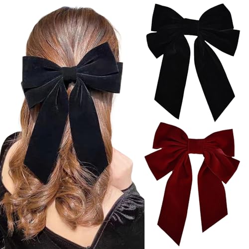 2 Pinzas para el Cabello, Diadema de Terciopelo con Lazo de Satén y cola Larga, Grande Bowknot Hairclip Accesorios Decorativos para el Cabello para Mujeres y Niñas, Mujeres, Rojo+Negro