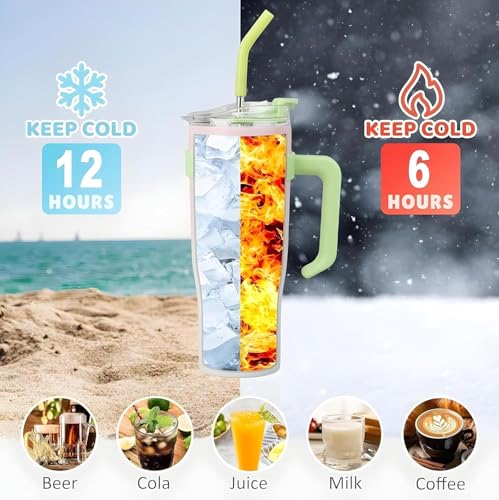 Image of MOOKA 1200ML Stainless Steel Tumbler Hot and Cold with Handle and Lid 2 Straw, Double Insulated Cup 100% Leak Proof Mug Cupholder for Gym, Travelling (Green White)
