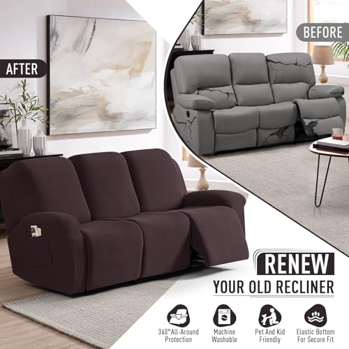 Image of TAOCOCO Recliner Couch Covers for 3 Seat, 8-Pieces Stretch Large Couch Covers for 3 Seats Reclining Slipcovers Soft Jacquard Pattern Furniture Protector, Chocolate
