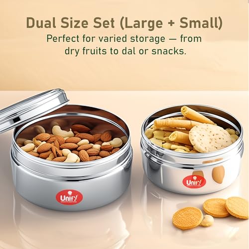 Image of Unify 2 Pieces Stainless Steel Flat Storage Container Set with See-Through Lid | (1 Ltr & 1.2 Ltr) | Puri Dabba | Airtight Multipurpose Kitchen Canisters