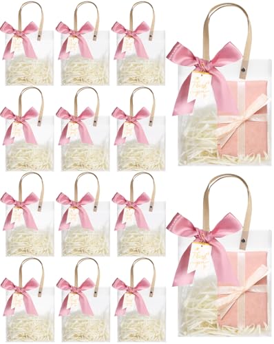 Liobelon 12 bolsas de plástico transparente con asas, bolsas de regalo transparentes reutilizables con cinta, bolsa de regalo de boda para fiesta nupcial, compras, negocios, 7.9 x 6.9 x 3.3 pulgadas