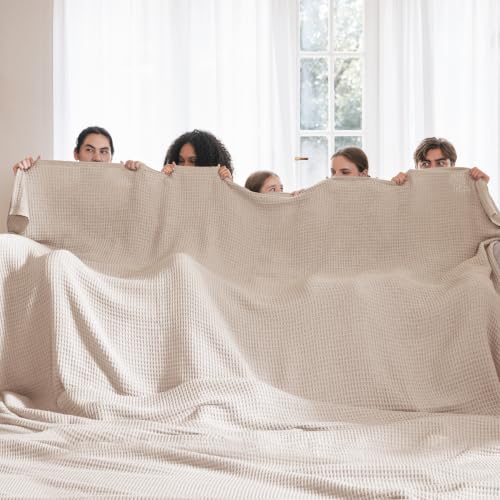 Image of Bedsure 100% Cotton Big Oversized King Blanket, Waffle Weave, Beige