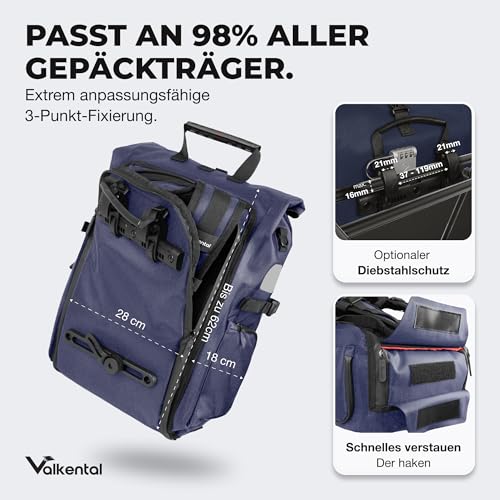 Valkental® - 3in1 Fahrradtasche Pro - Das Original - Hochwertiges Nylon - 23L Volumen - Geeignet...