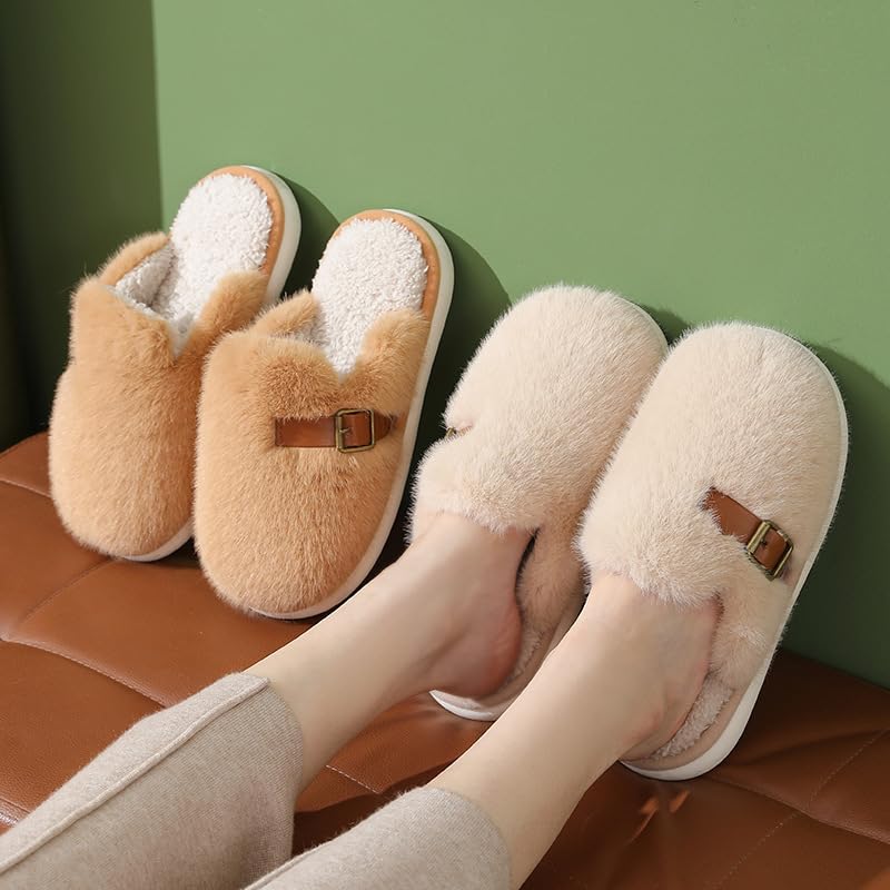 Retro Fuzzy Slippers for Women Soft Plush Thickened Classic House Shoes with Leather Strap Decoration Slip-on Fluffy Cozy Indoor Outdoor Slippers Old Money Aesthetic2