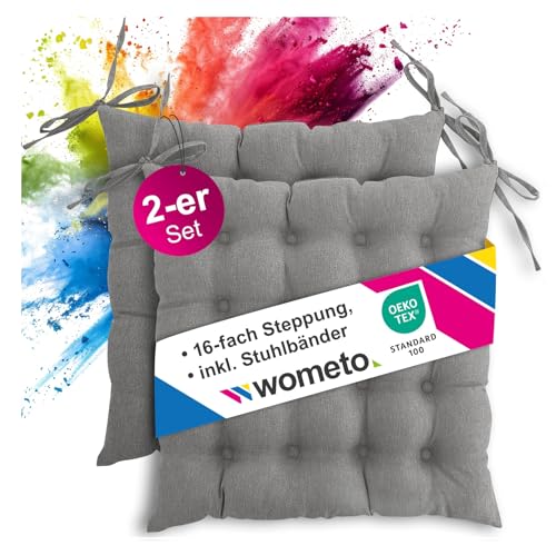 wometo 2er Set Sitzkissen Stuhl 40x40 Oeko-TEX - grau Mittelgrau Sitzpolster Stuhlkissen mit Bändern/Schleifen für Indoor und Outdoor (2 Stück)