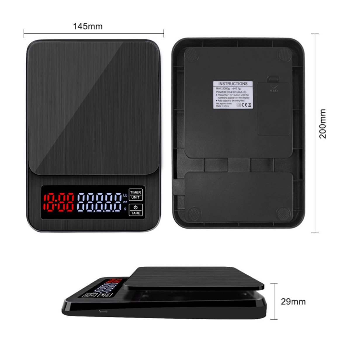 Báscula Digital de Cocina con Pantalla LED con Temporizador y Sensores de Precisión hasta 5kg y Función Antideslizante para Pesar Café y Alimentos
