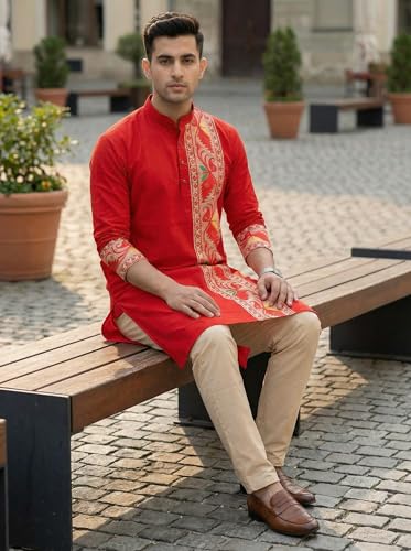 Image of Men's Jamdani Printed Kurta Pajama Set | Pure Cotton Ethnic Kurta with Mandarin Collar & Dupion Silk Pyjama | Festive & Weddings 303A12A 303SB12B(M XXL)