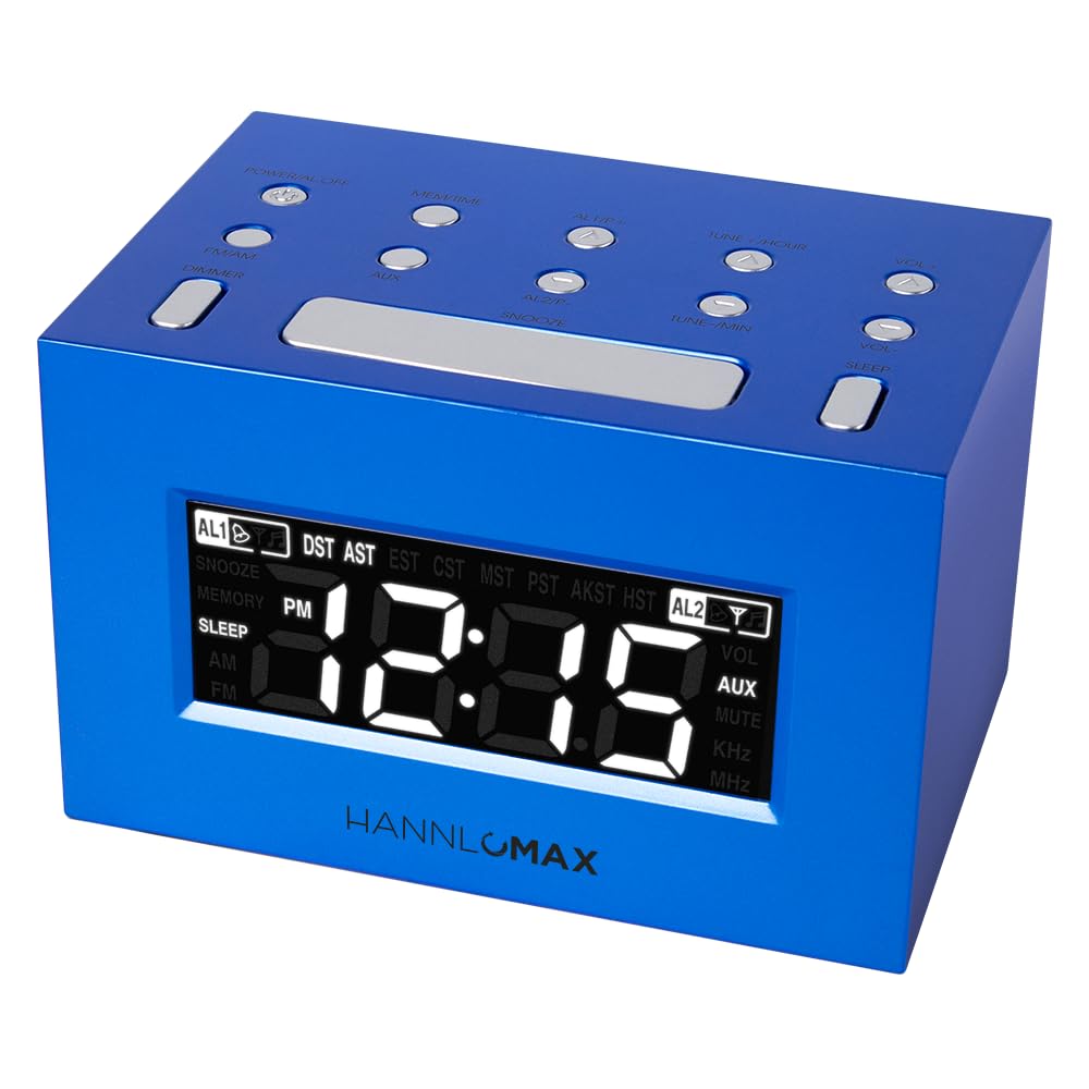HANNLOMAX HX-111CR Alarm Clock Radio, PLL AM/FM Radio, Dual Alarm, White LED Display, Auto DST, Aux-in Jack. (Blue)-image-12