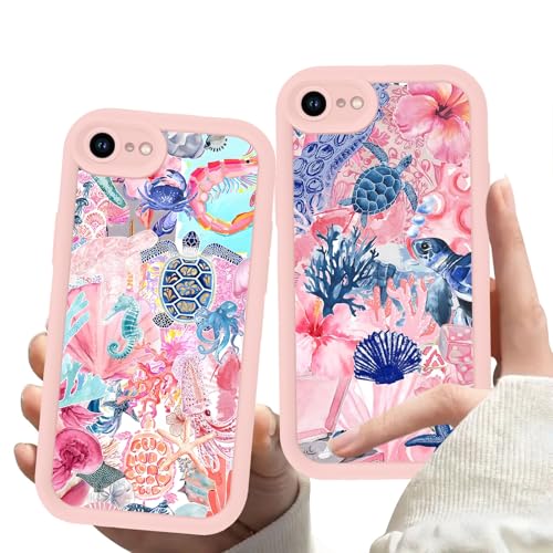 Zrutru 2 Pack Beach Summer Phone Case for iPhone SE 2022/SE 2020/8/7 4.7',Cute Flower Tortoise Seashell Collage Cases Aesthetic Ocean Cover,Pink Soft TPU Protective Funda for Girls Women SE 2022/2020