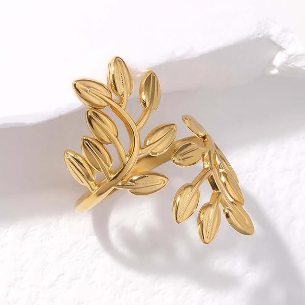 LAIHUARYWA Stainless Steel Leaf Statement Ring for Women Laurel Branch Leaves Open Adjustable Band Fashion Finger Stacking Rings Birthday Party Jewelry Gifts Friendship (Leaves Gold) by LAIHUARYWA - Used condition - Image 2