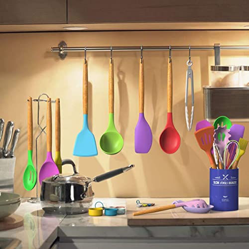 Umite Chef Kitchen Cooking Utensils Set, 33 pcs Non-stick Silicone Cooking Kitchen Utensils Spatula Set with Holder, Wooden Handle Silicone Kitchen Gadgets Utensil Set (Colorful)