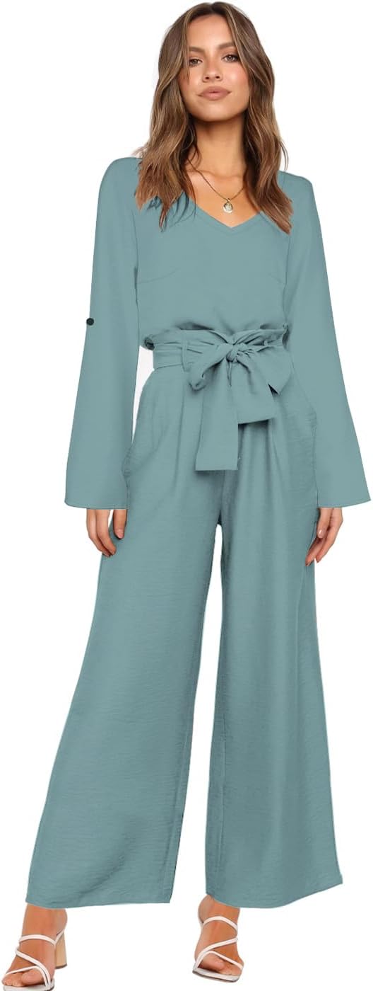 FANCYINN Womens 2 Piece Outfit Set V Neck Long Sleeves Tops High Waisted Paper Bag Pants with Belt - Image 2