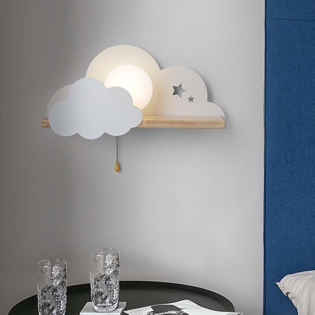 Lampa ścienna Cloud z przełącznikiem, Wewnętrzna lampa ścienna do pokoju dziecięcego Lampka nocna E27 ze szklanym kloszem Kreatywna karykaturalna chmura z drewnianą półką lampa dekoracyjna