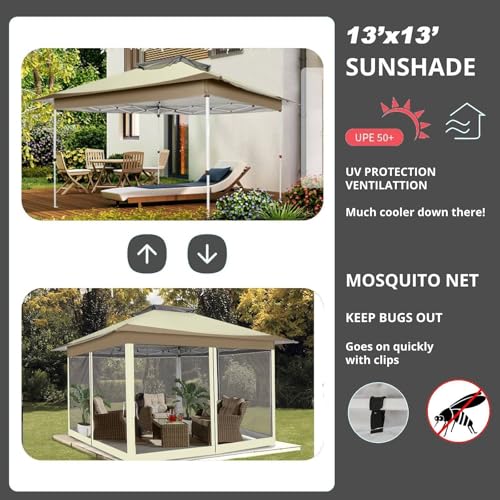 Image of HOTEEL 13x13 Pop Up Gazebo Canopy Tent Easy Up Outdoor Gazebo Waterproof Upgrade Portable Gazebo with Mosquito Nettings, Double Vented Roof and Carry Bag for Patio Garden Lawn(Khaki)