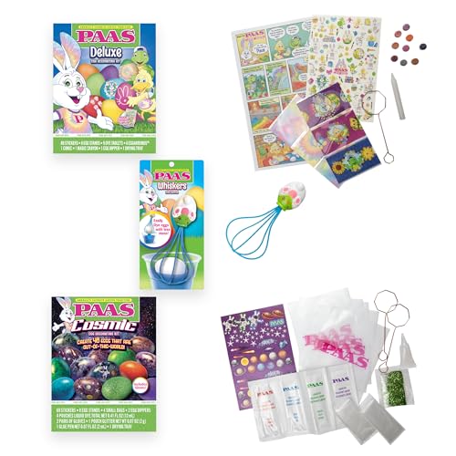 PAAS Easter Egg Decorating Bundle, Includes 1 Deluxe Kit, 1 Cosmic Egg Dying Kit, and PAAS Whiskers for Easy Egg Dying, Food Safe Dye for Family Easter Activity (3 Piece Bundle)
