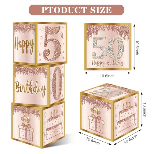 Image of Guiruiy 3Pcs 50th Birthday Decorations Boxes for Women, Pink Rose Gold 50th Birthday Balloons Boxes Party Supplies, Pink Fifty Year Old Bday Theme Cardboard Box Decor