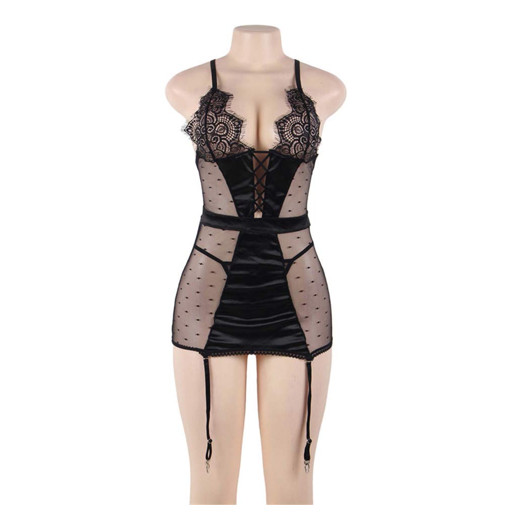 Señoras de Las Mujeres Lencería Sexy Tallas Grandes Sexy Tirantes de una Pieza Camisón Liguero Pijamas Falda Transparente Costura de Malla Ropa Interior de Mujer unida,Rojo,M