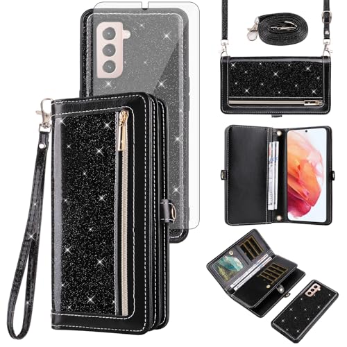 Coque Samsung S21+ 5G zippée porte-carte avec sangle pailletée amovible